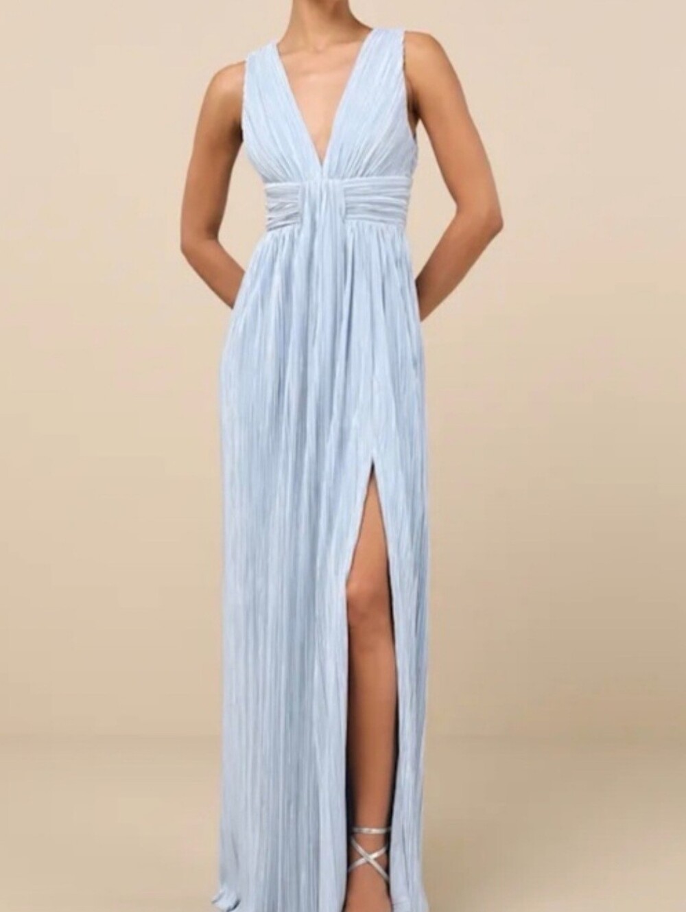 Lulu's Light Blue V-Neck Pleated Maxi Dress with High Slit